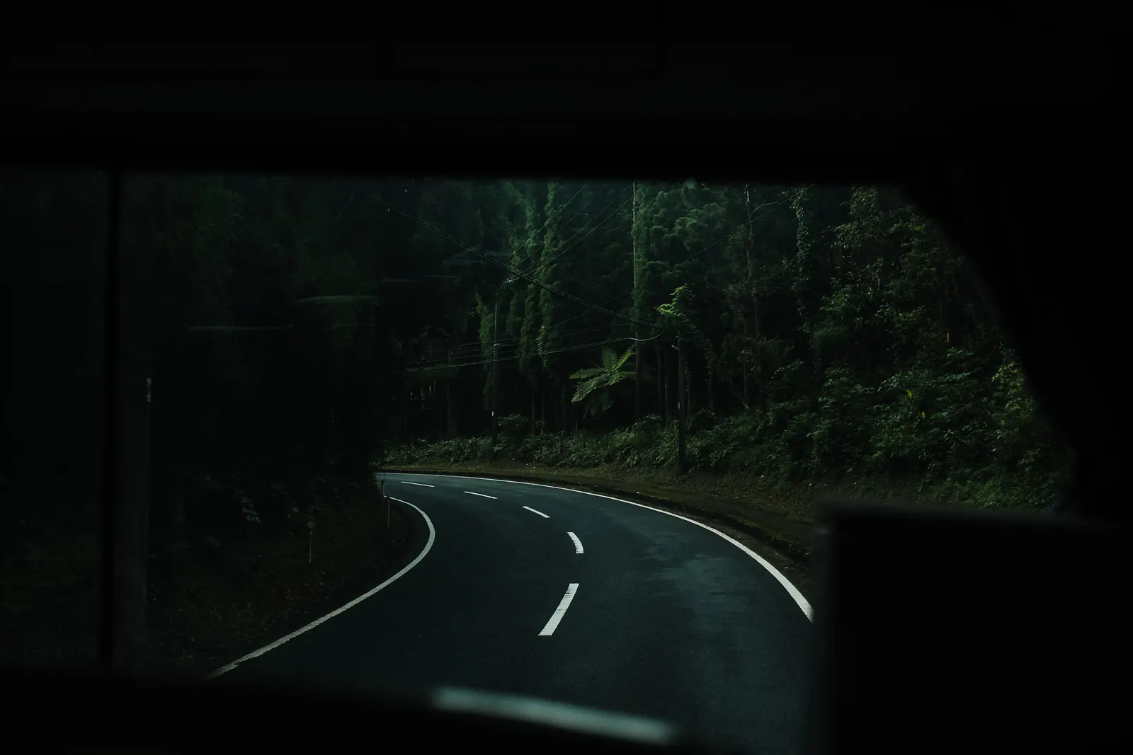 A winding road seen through the dark frame of a bus windshield, forest on both sides.